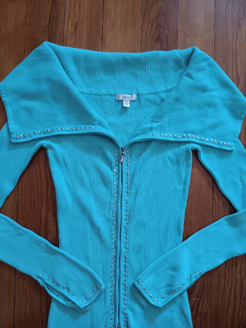 Iconic Cache double zip sweater rhinestones mint green XS Gabriella Solis FLAWS - Picture 3 of 11